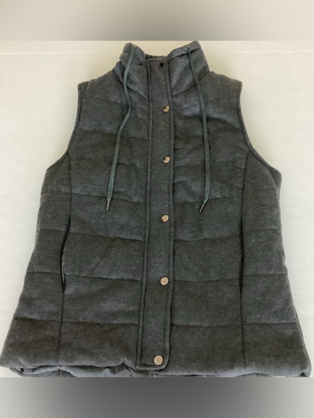Dark Charcoal Gray Quilted Puffer Vest Hoodie Drawstring Women's Size Medium